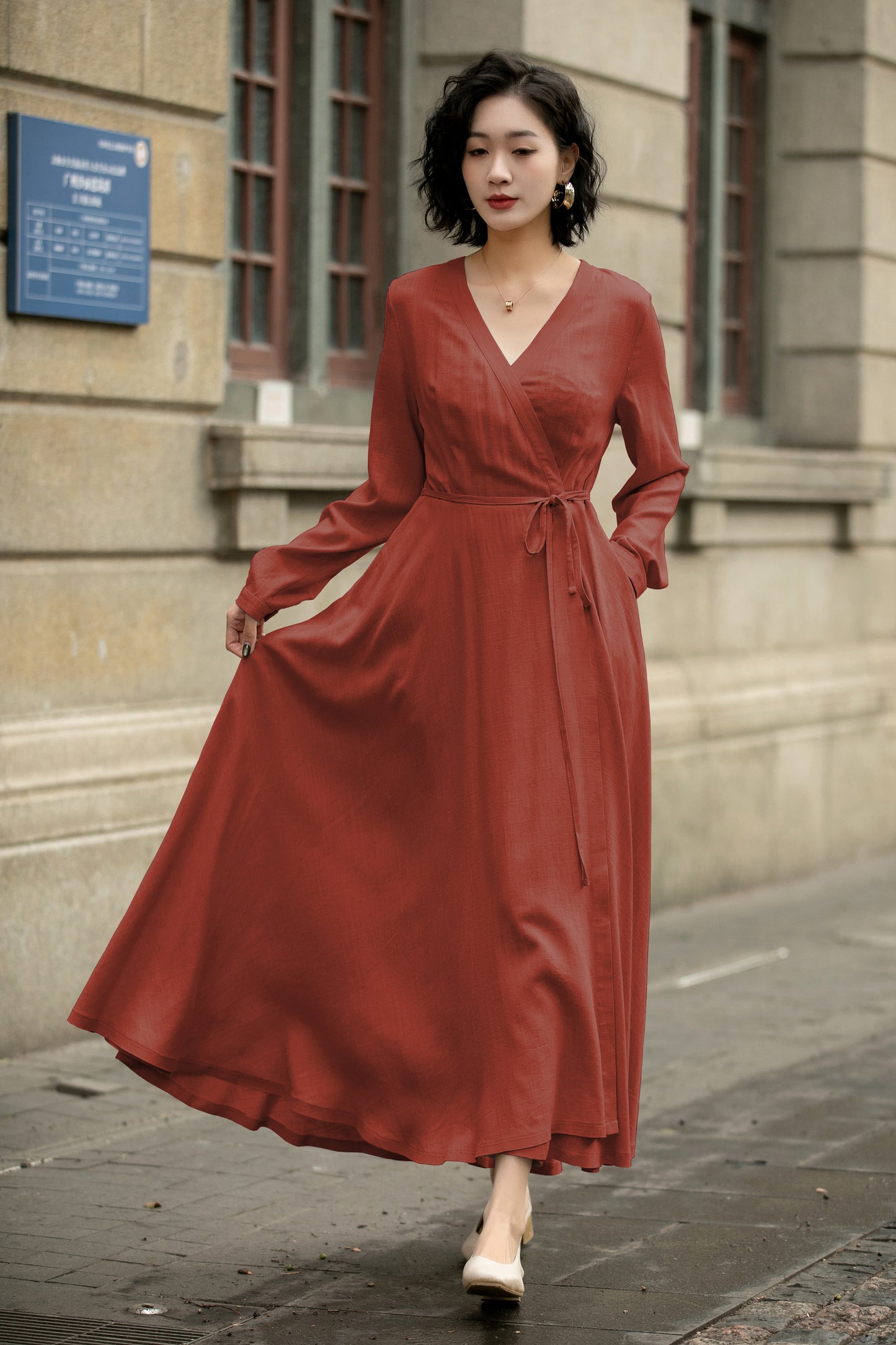 Handmade Linen Cotton Wrap Midi Dress – Vintage Elegant V-Neck Swing Dress 6299