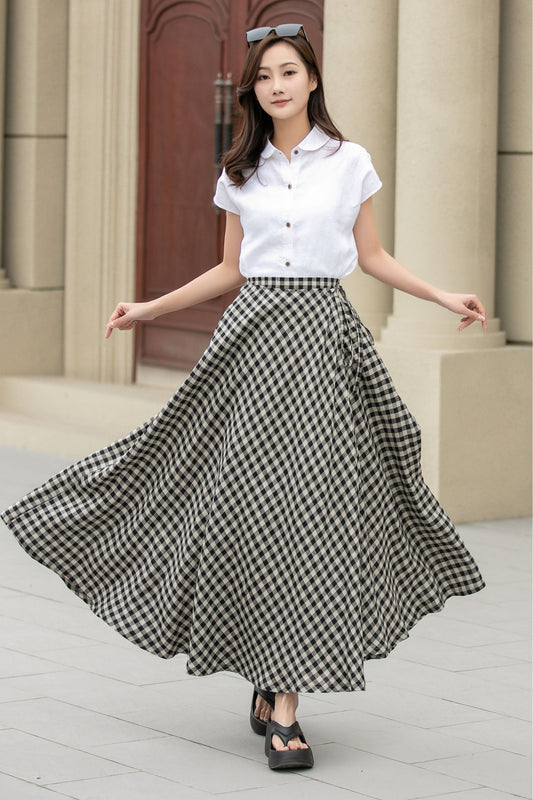 Plaid maxi swing wrap linen skirt 4946