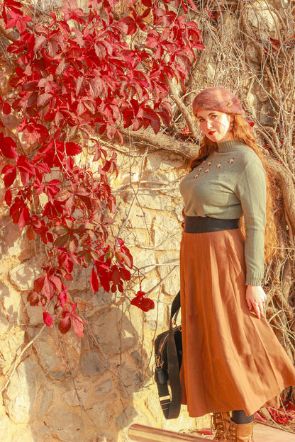 Brown Wool Swing Midi Skirt - High Waist Elegant Winterwear 4810
