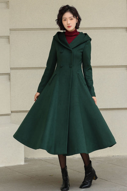 Green Hooded Wool Coat – Handmade Long Fit and Flare Double-Breasted Winter Overcoat for Women 6537
