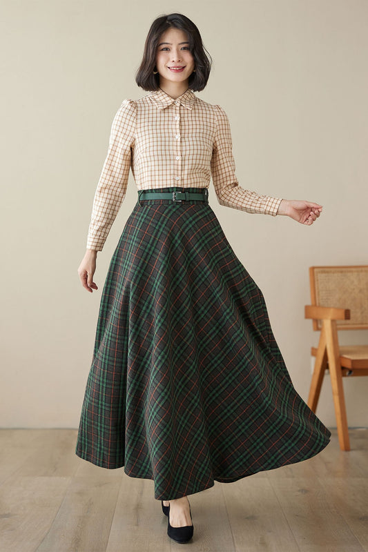 Swing Long wool plaid skirt 4624