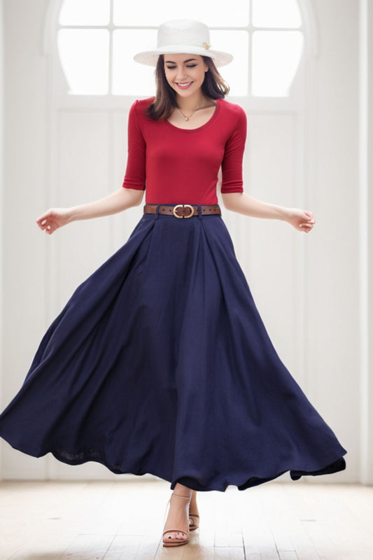 Navy a line Linen Maxi Skirt with Pockets  2778