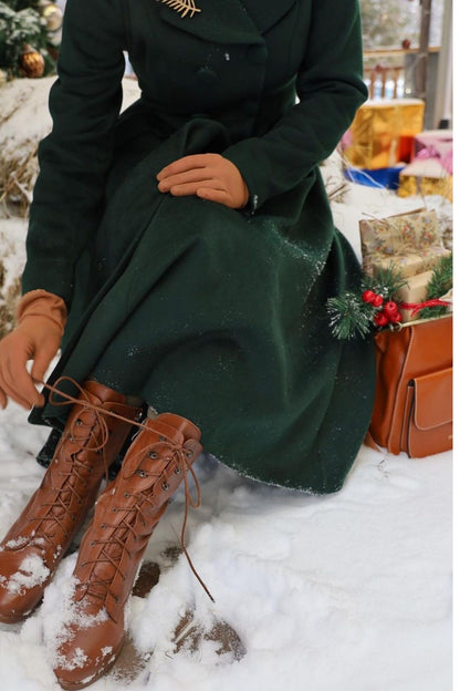 Vintage Green Wool Coat – Elegant Double-Breasted Fit and Flare Winter Overcoat 3155