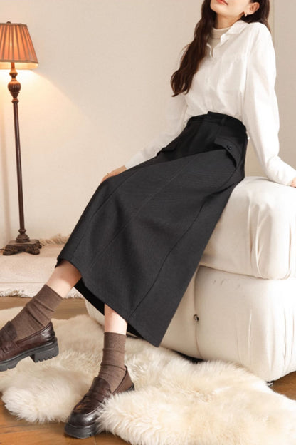 Black Wool A-Line Midi Skirt - Winter Warmth and Elegant Fit 5467