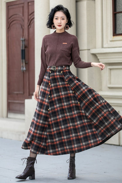 A line plaid midi wool skirt women 5355