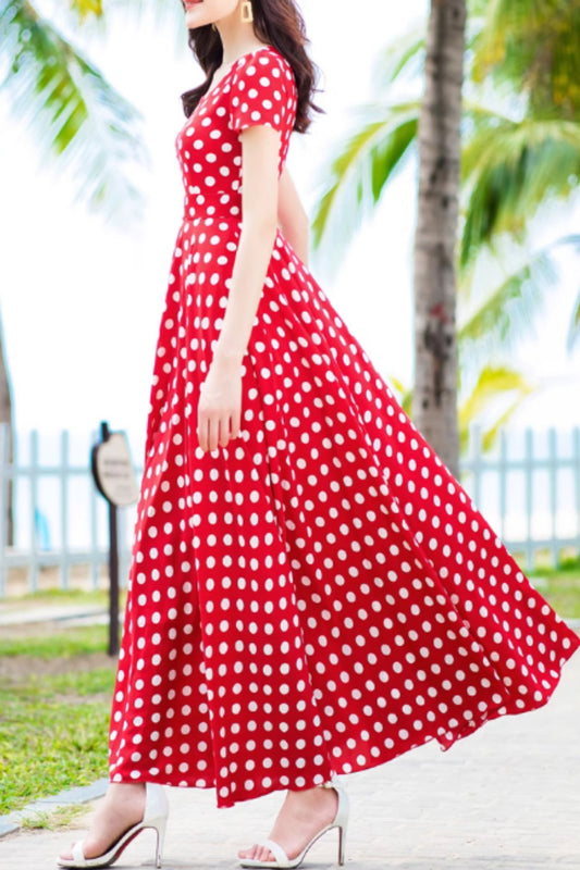 Red and white polka dot long chiffon dress 5157