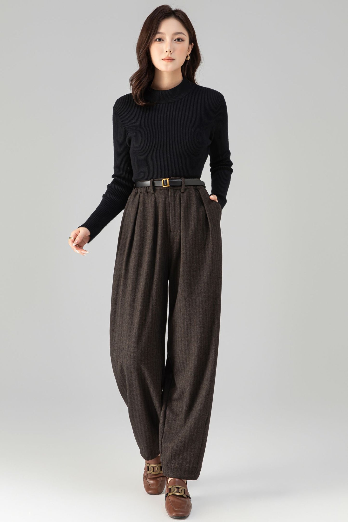 Brown Wool Wide Leg Pants - Loose Fit, Warm Winter Style 6462