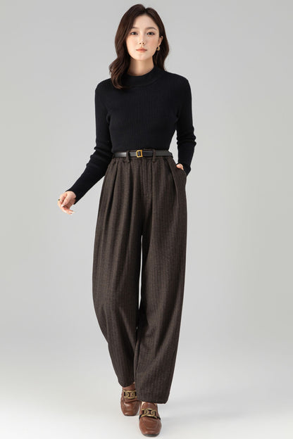 Brown Wool Wide Leg Pants - Loose Fit, Warm Winter Style 6462