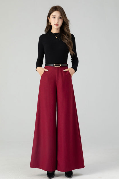 High waist burgundy wide leg long wool pants 4553