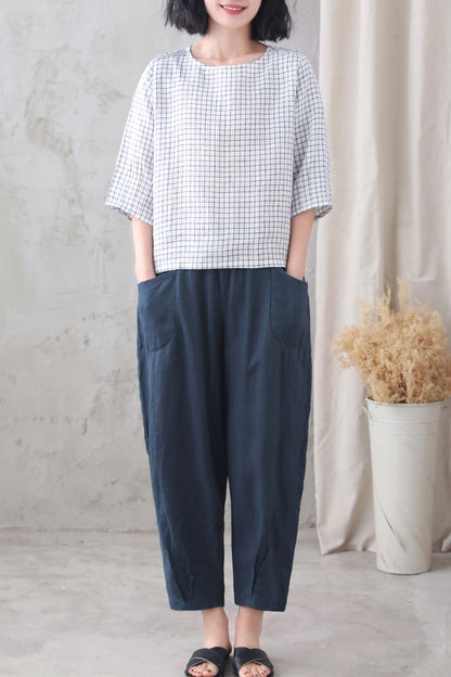 White Check Linen Blouse – Loose Fit 3/4 Sleeve Summer Top 3337