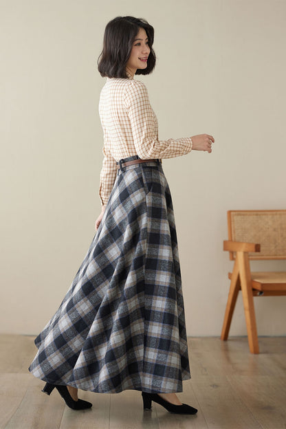 Blue Gray Plaid Wool Maxi Skirt – High Waist A-Line Winter Skirt for Women 5262