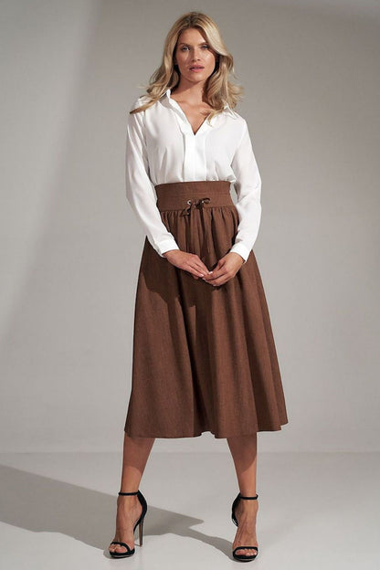 Brown Wool Midi Skirt - High Waist Elegant Silhouette TT0143