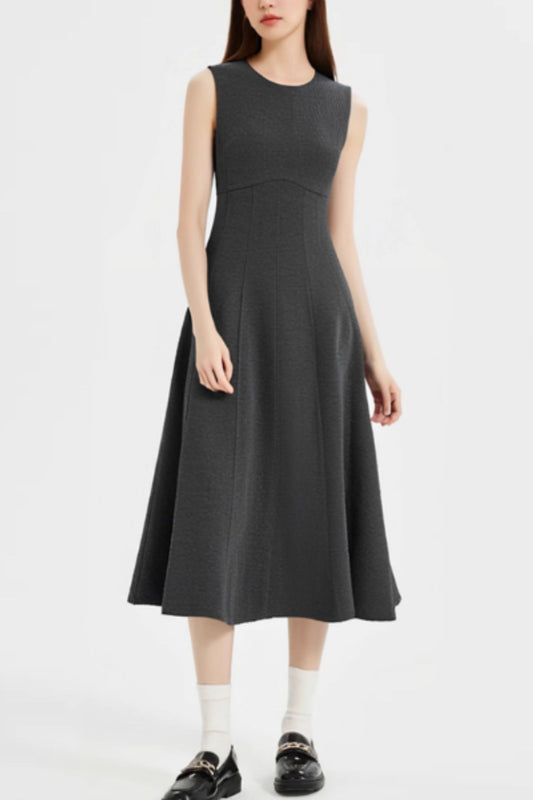 Sleeveless long gray wool dress women 6363