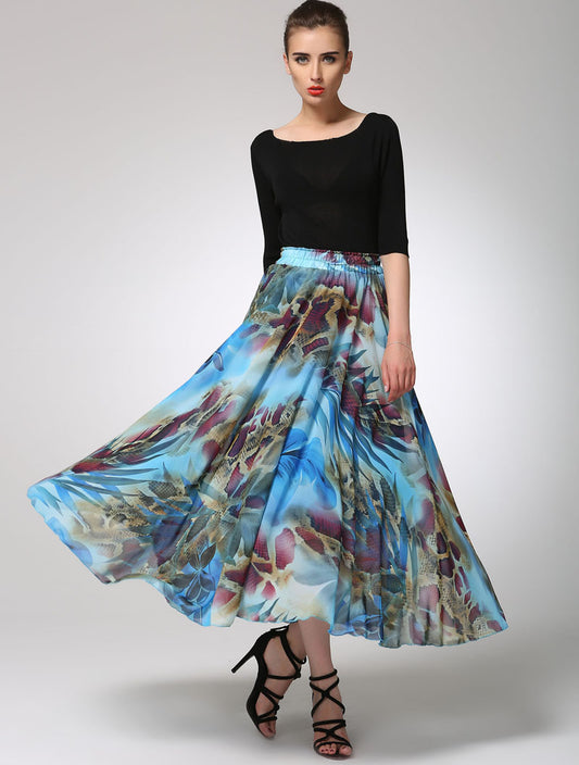 Abstract Print Chiffon Maxi Skirt for Women with Elastic Waist | Xiaolizi 1294