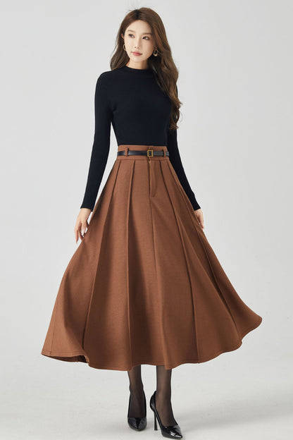 Brown Wool Pleated Midi Skirt – High Waist Winter Skirt with Pockets 4531