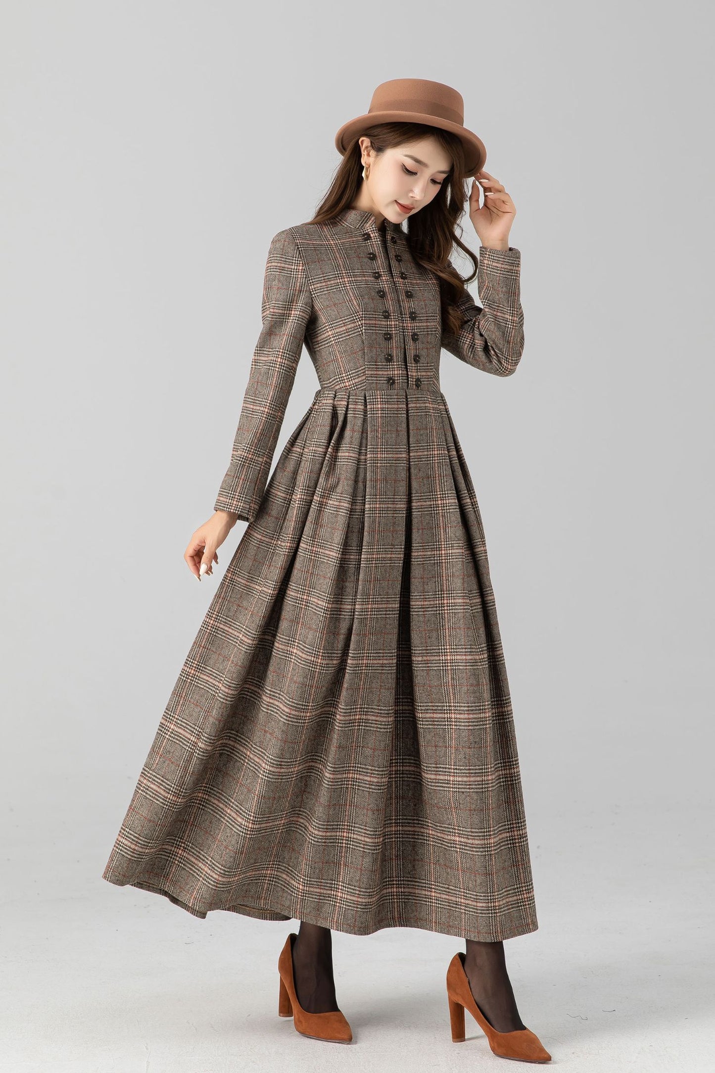 Maxi pleated winter long plaid wool dress 5408