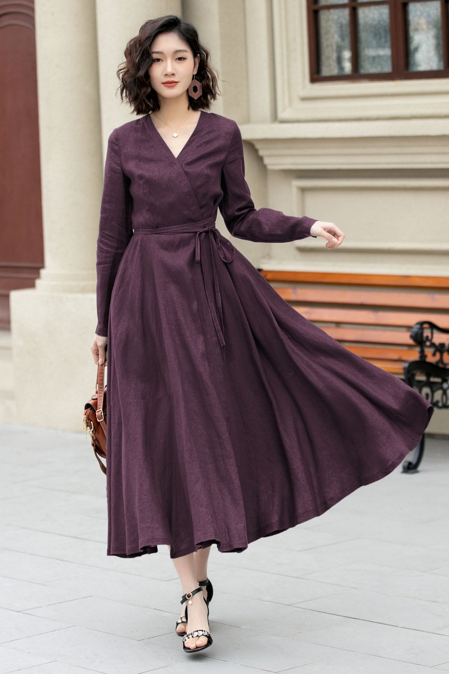 Purple Linen Wrap Dress – Handmade Long Sleeve Maxi for Women 6672