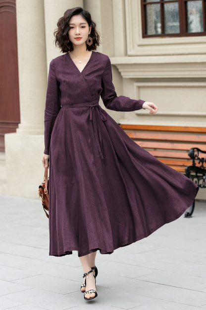 Purple Linen Wrap Dress – Handmade Long Sleeve Maxi for Women 6672