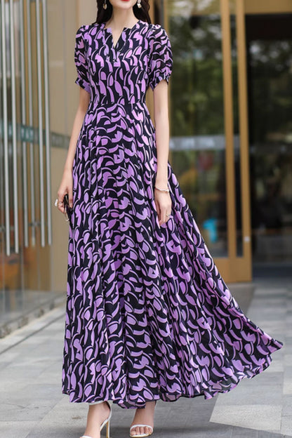 Black and Purple Floral Chiffon Maxi Dress - Flowy Fitted Waist 5002