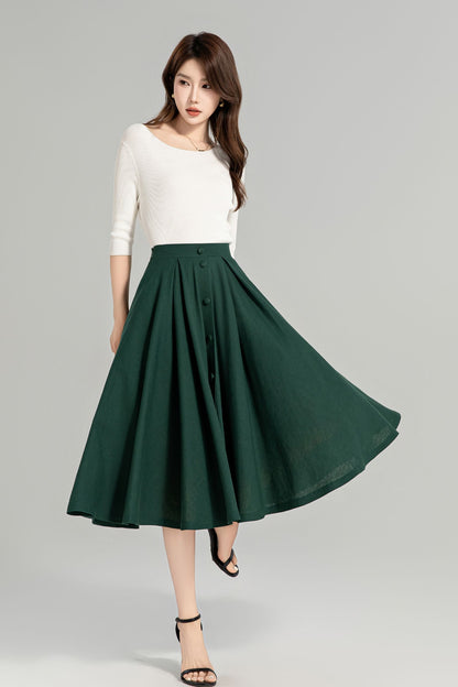 Dark Green Button-Down Linen Midi Skirt – A-Line, Pockets, Elastic Back | Xiaolizi 4963