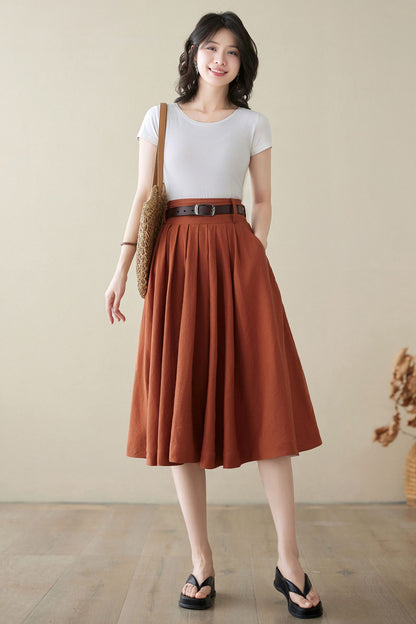 Dark Red Linen Pleated A-Line Skirt - High Waist Midi | Xiaolizi 4973