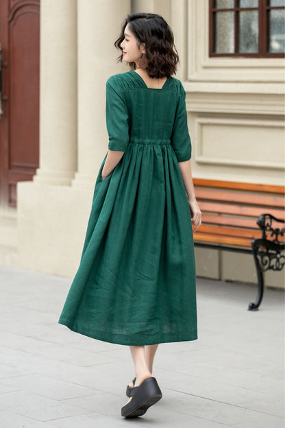 Green midi linen dress with drawstring waist 4969