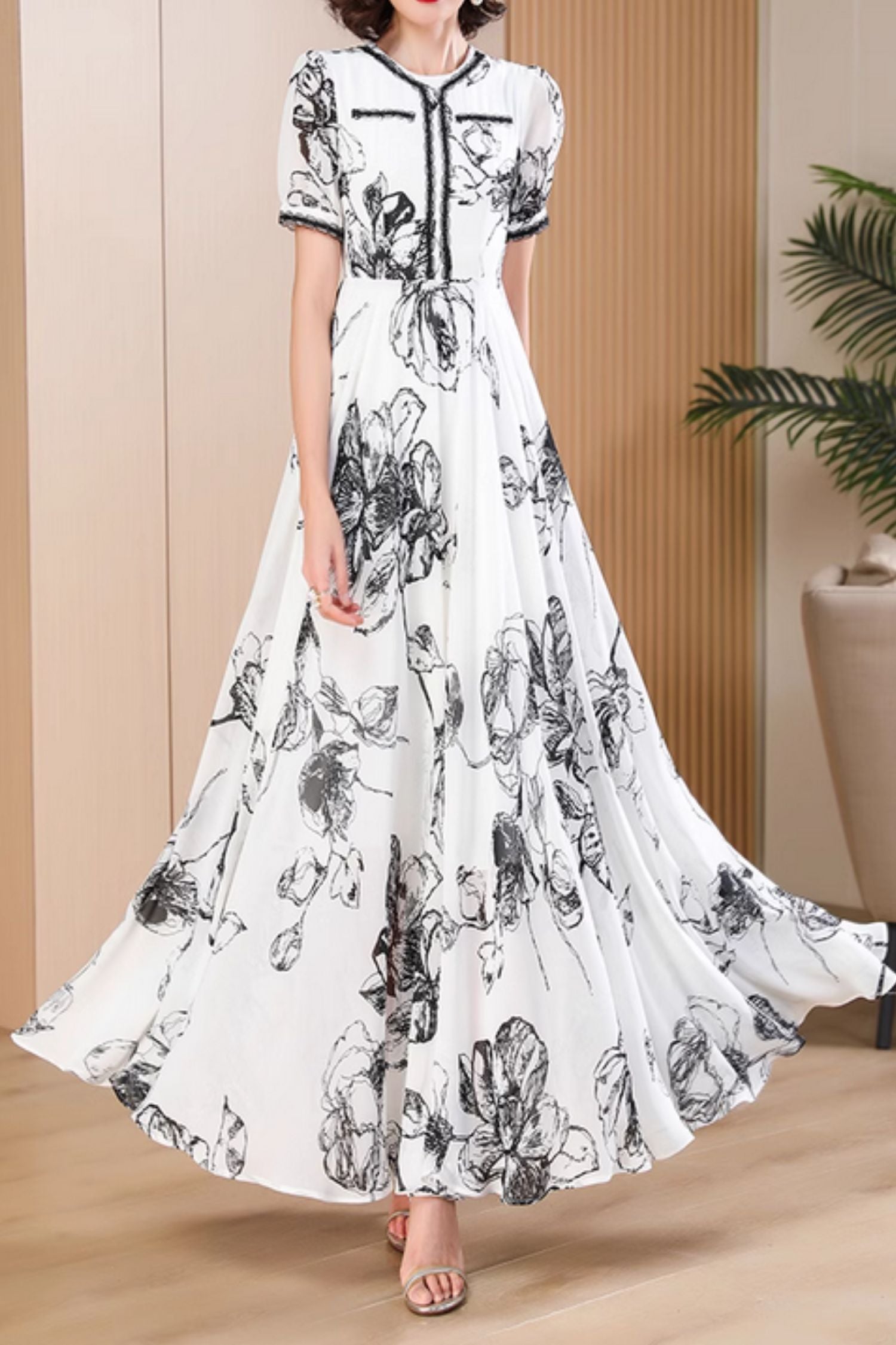 Black and White Chiffon Maxi Dress - Floral Print, Fitted Waist 5031