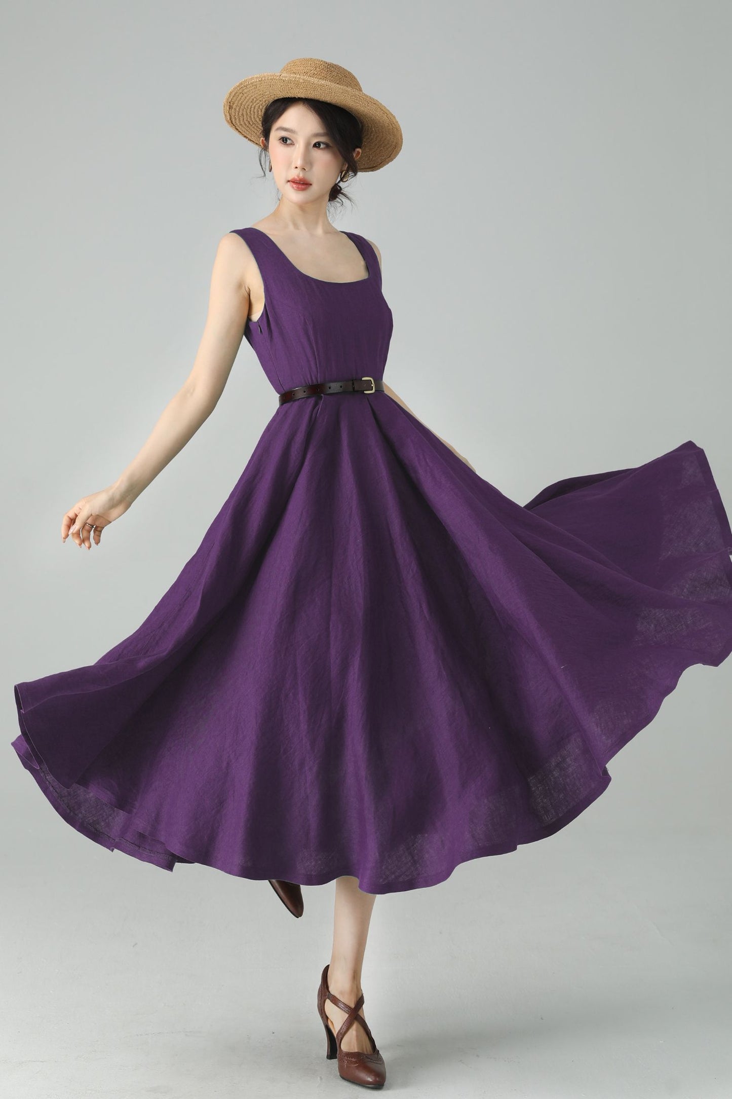 Purple Linen Midi Dress – Handmade Square Neck Fit-and-Flare Dress 6675