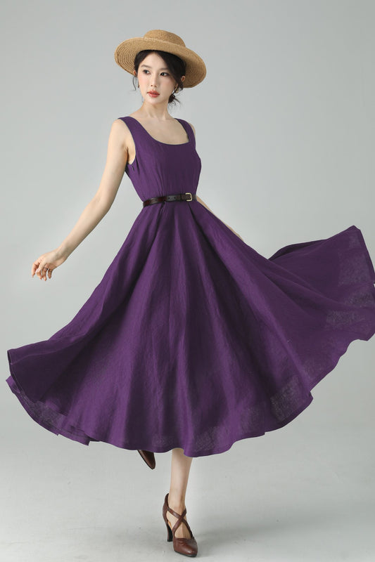 Purple Linen Midi Dress – Handmade Square Neck Fit-and-Flare Dress 6675