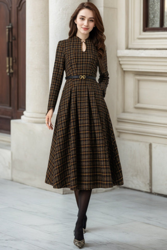 Plaid Maxi Dress For Women – Vintage V-Neck Long-Sleeve Flowy Dress With Pockets, Fall Cowgirl Bohemian Style