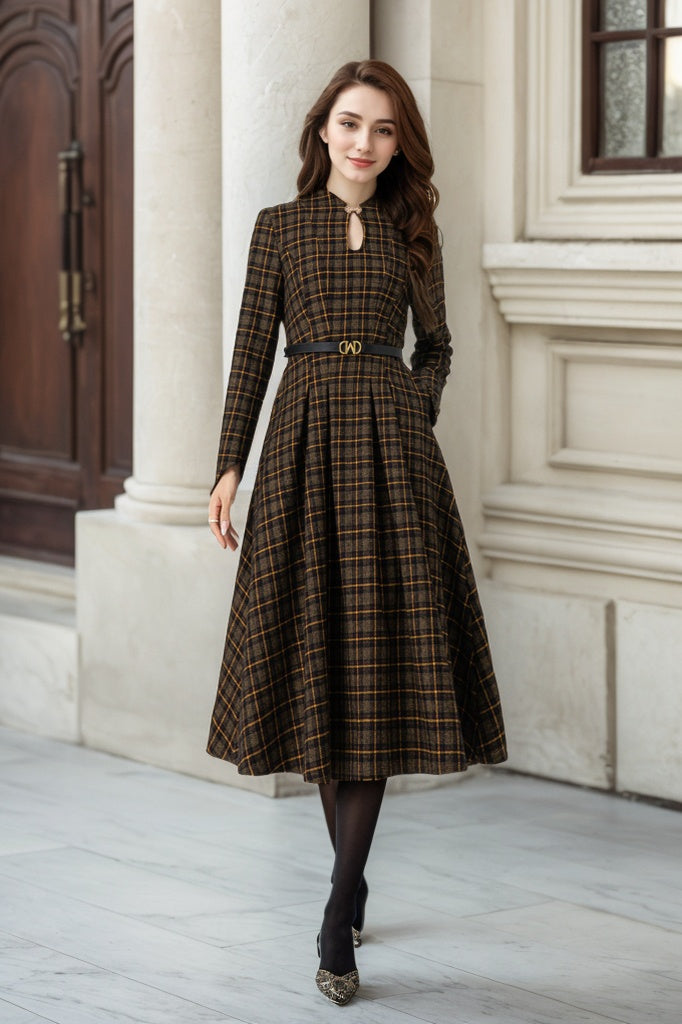 Retro plaid midi wool dress women 5302