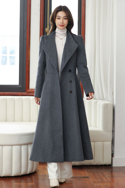 Dark Gray Wool Long Coat – Vintage A-Line Winter Overcoat with Pockets 4027