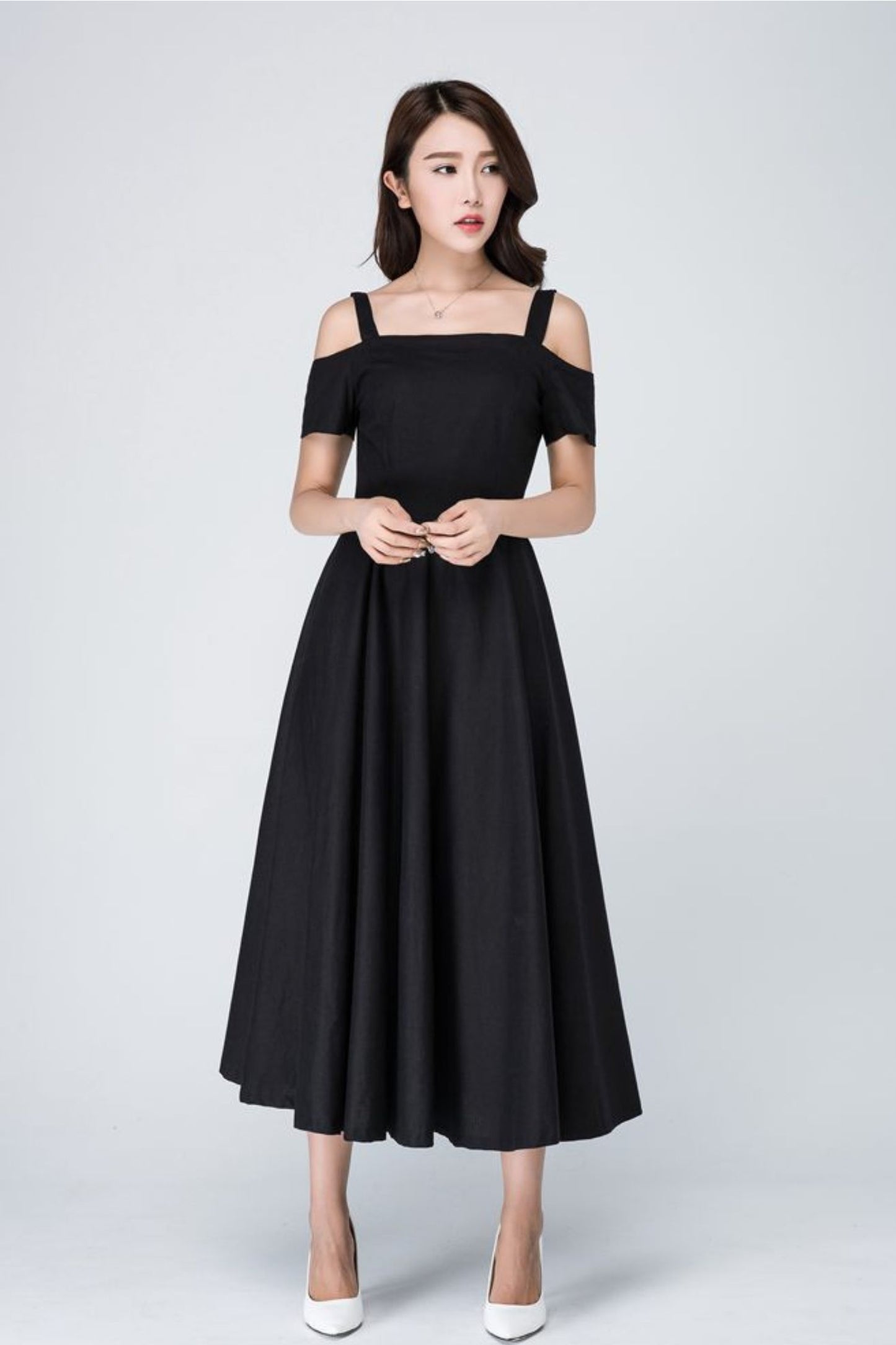 Vintage Off shoulder black linen Maxi dress 1576