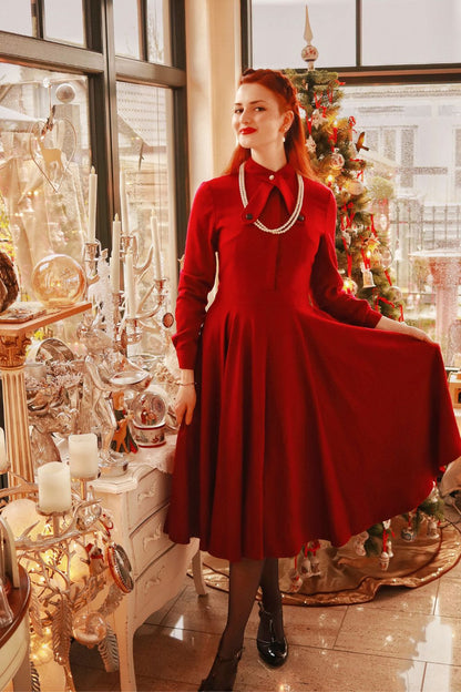 Burgundy Wool Winter Dress - Fit & Flare Long Sleeve | Xiaolizi 4837