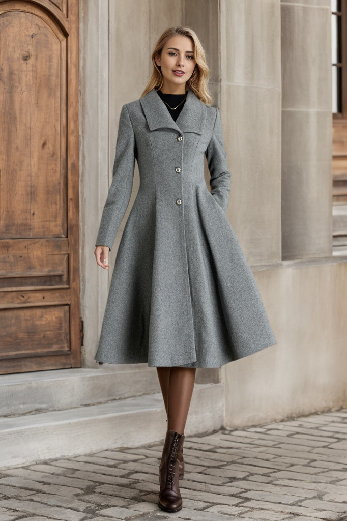 Fit and flare gray winter wool coat 5367