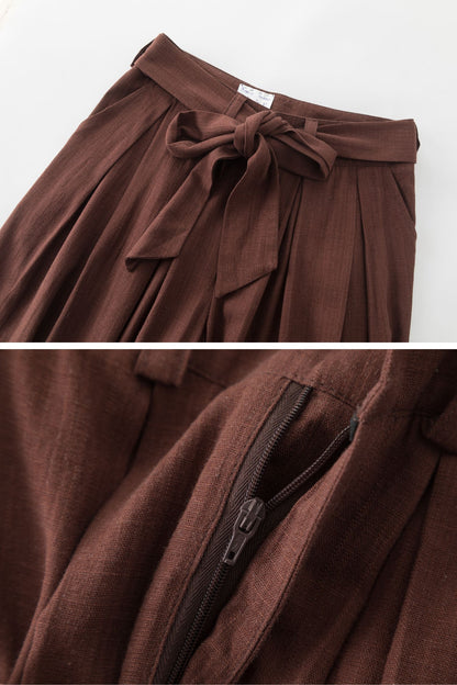 Brown Linen Cotton Wide Leg Pants - Fabric Belted Waist 5700