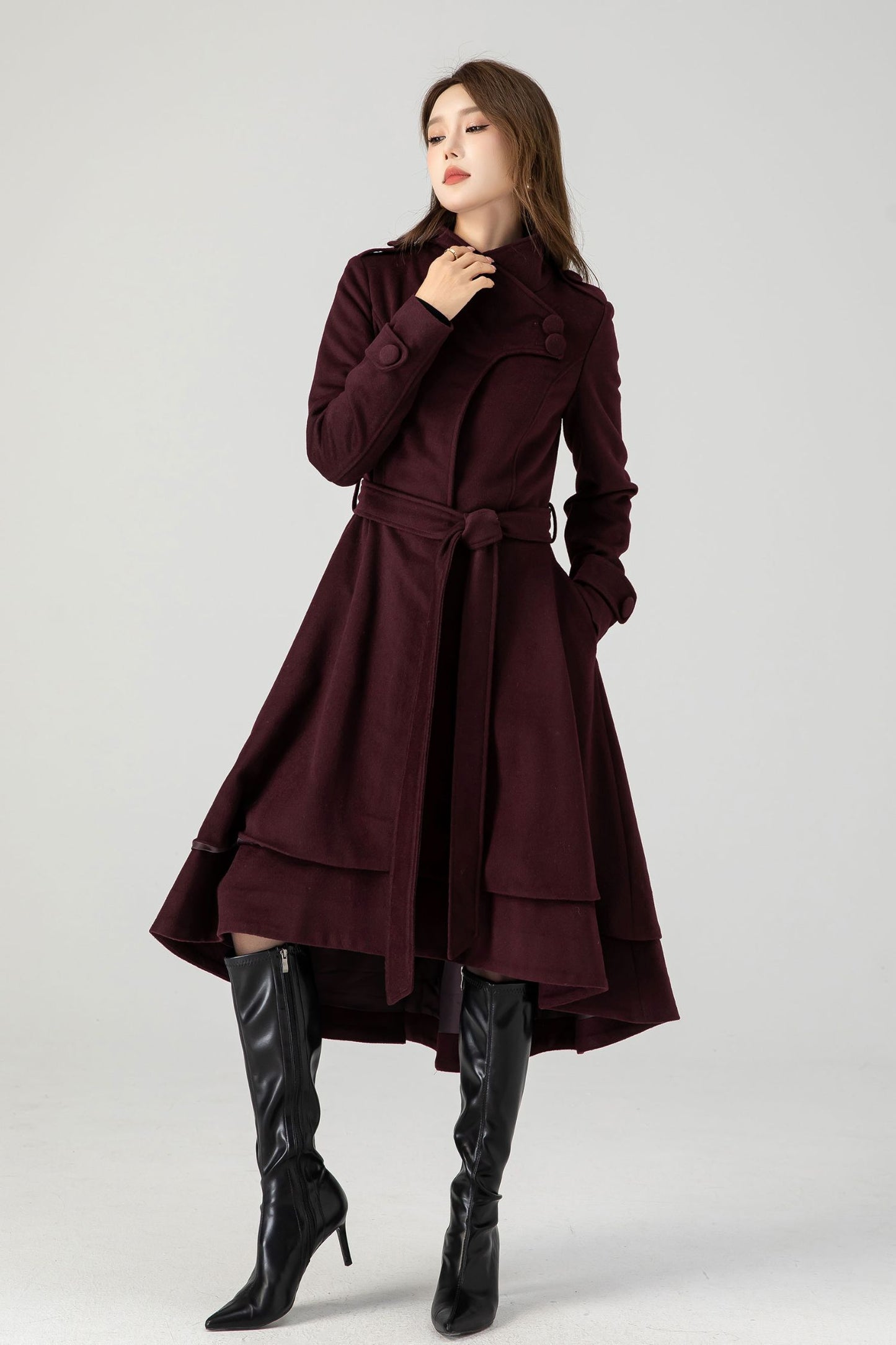 Burgundy Midi Asymmetrical Winter Wool coat 4603