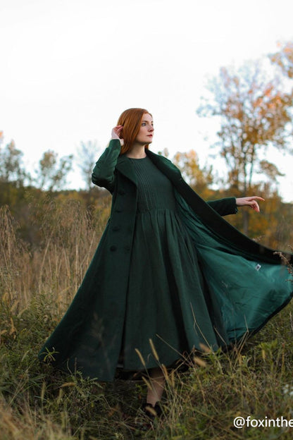Vintage Forest Green Wool Coat – Double-Breasted Fit & Flare Winter Maxi Overcoat 3227