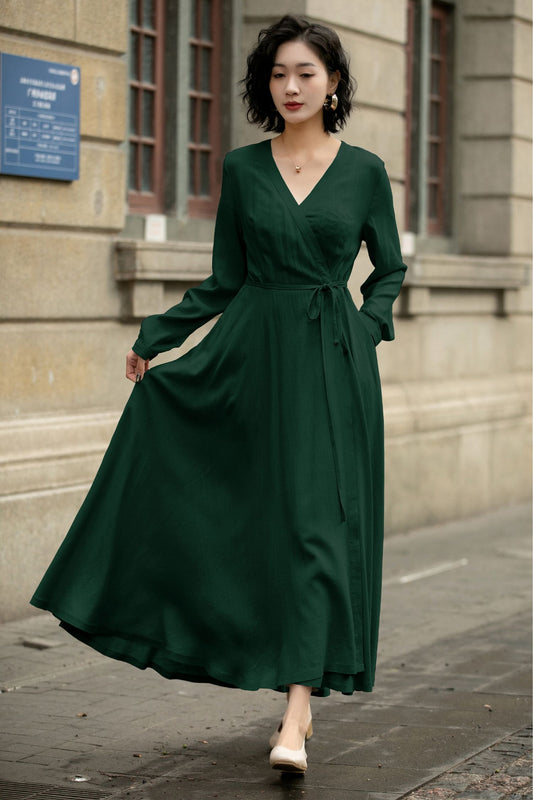 Handmade Linen Cotton Wrap Midi Dress – Vintage Elegant V-Neck Swing Dress 6300