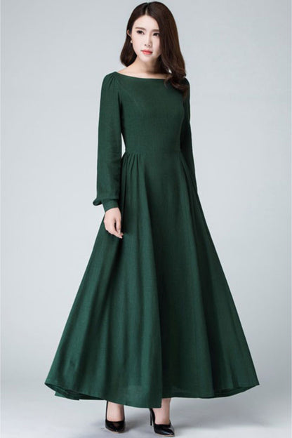 Dark Green Linen Cotton Maxi Dress – Vintage Boat Neck Long Sleeve Dress 1454