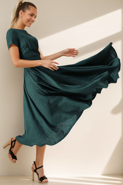 Green Linen Midi Dress - Fit and Flare, High Waist 5092
