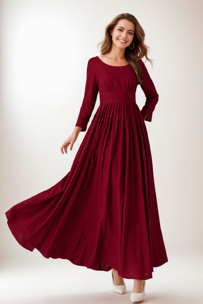Red Linen Blend Midi Dress - High Waist Pleated Fit & Flare 5123