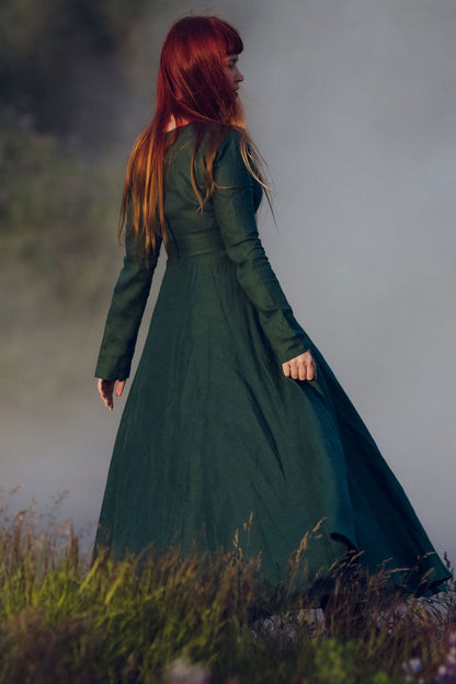 Green Long sleeve green Linen Dress 3738