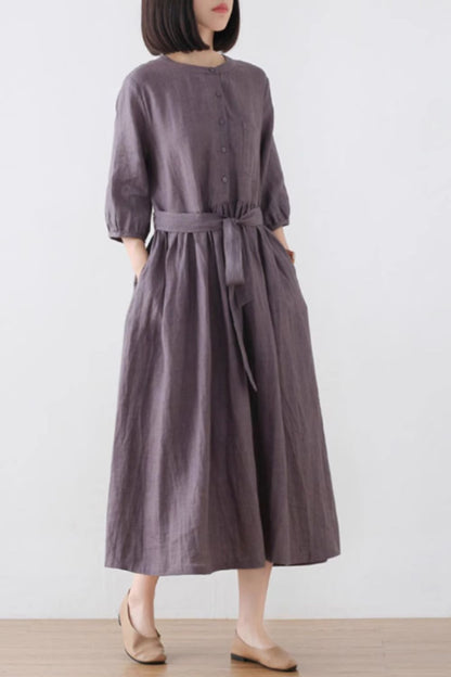 Purple Linen Midi Dress - Button Front with Tie Belt Waist 4832
