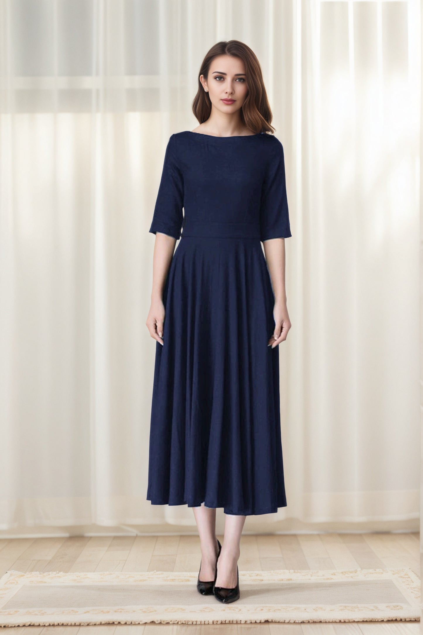Xiaolizi Navy Linen Dress – Vintage Fit and Flare Midi Dress with Pockets 6654