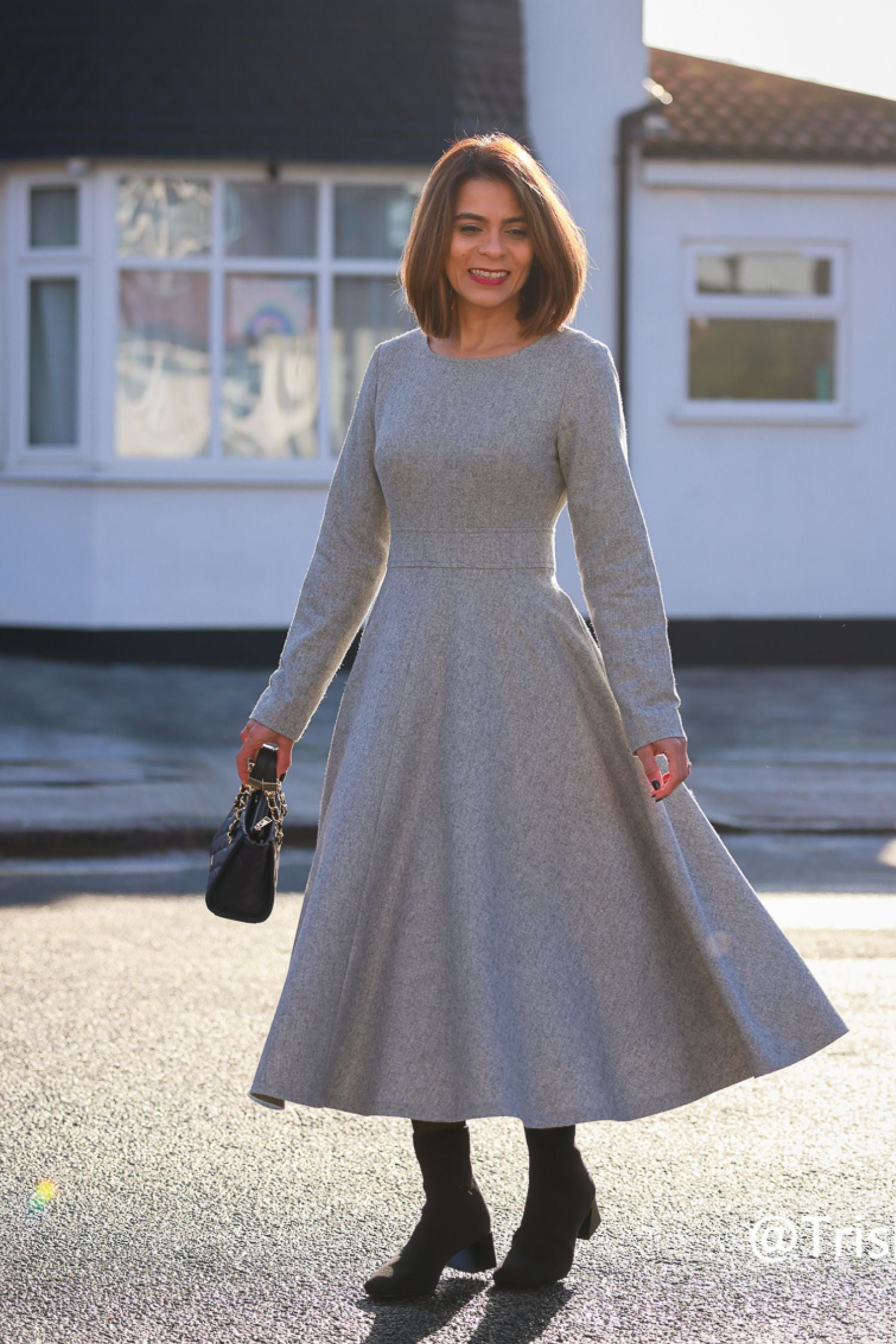 Gray Wool Long Sleeve Midi Dress Handmade Winter Elegance | Xiaolizi 4143 Gray / M Gray Wool Long Sleeve Midi Dress Handmade Winter Elegance | Xiaolizi 4143 Gray / M