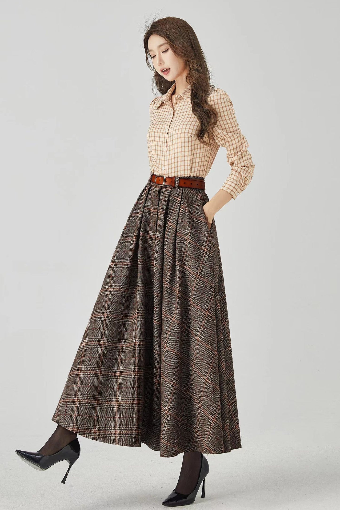 A line long wool plaid winter skirt 4536