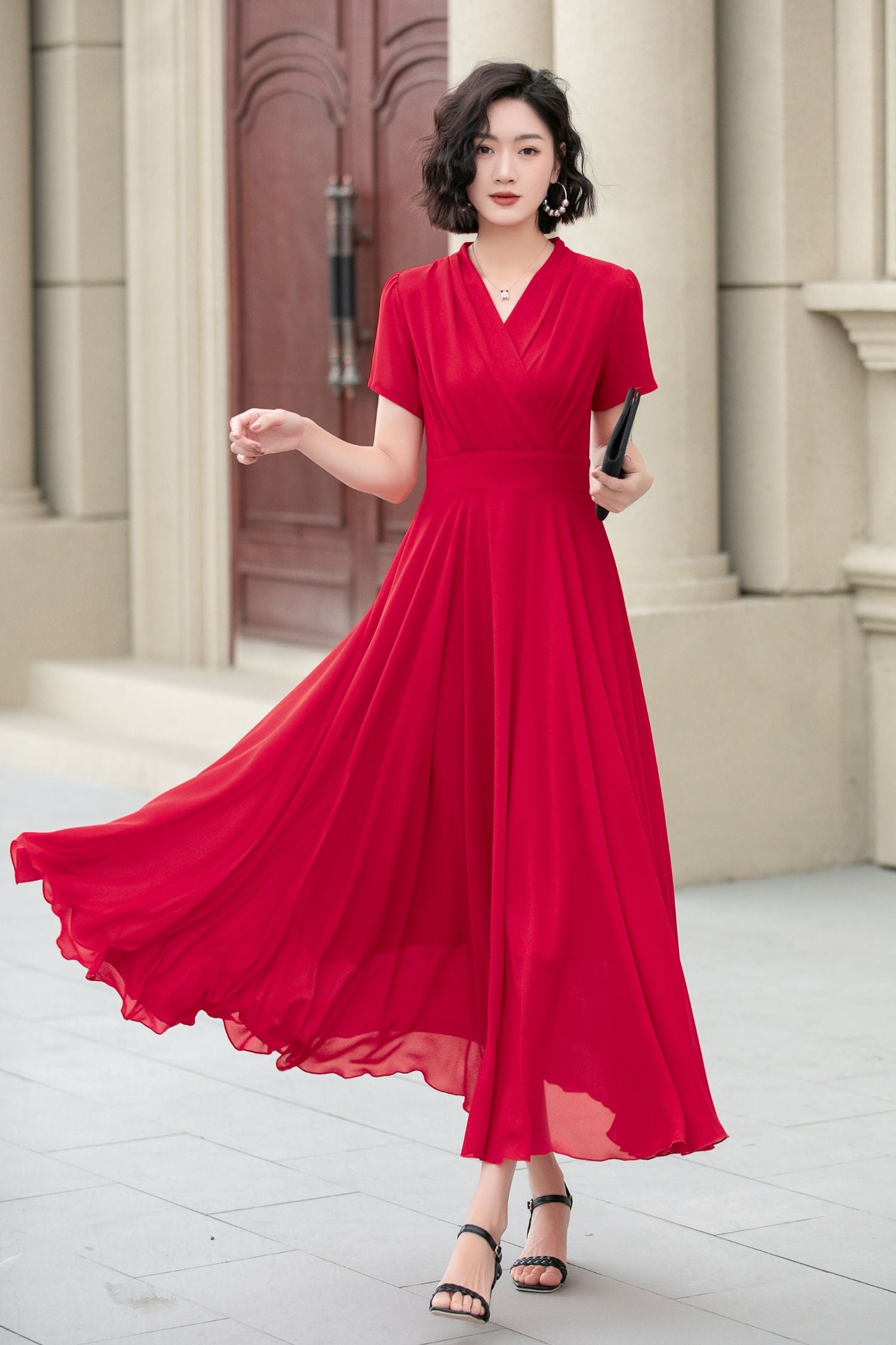 Red Chiffon V-Neck Swing Dress - Midi A-Line Red Chiffon V-Neck Swing Dress - Midi A-Line