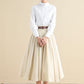 Women Beige Pleated Linen Midi Skirt 2797