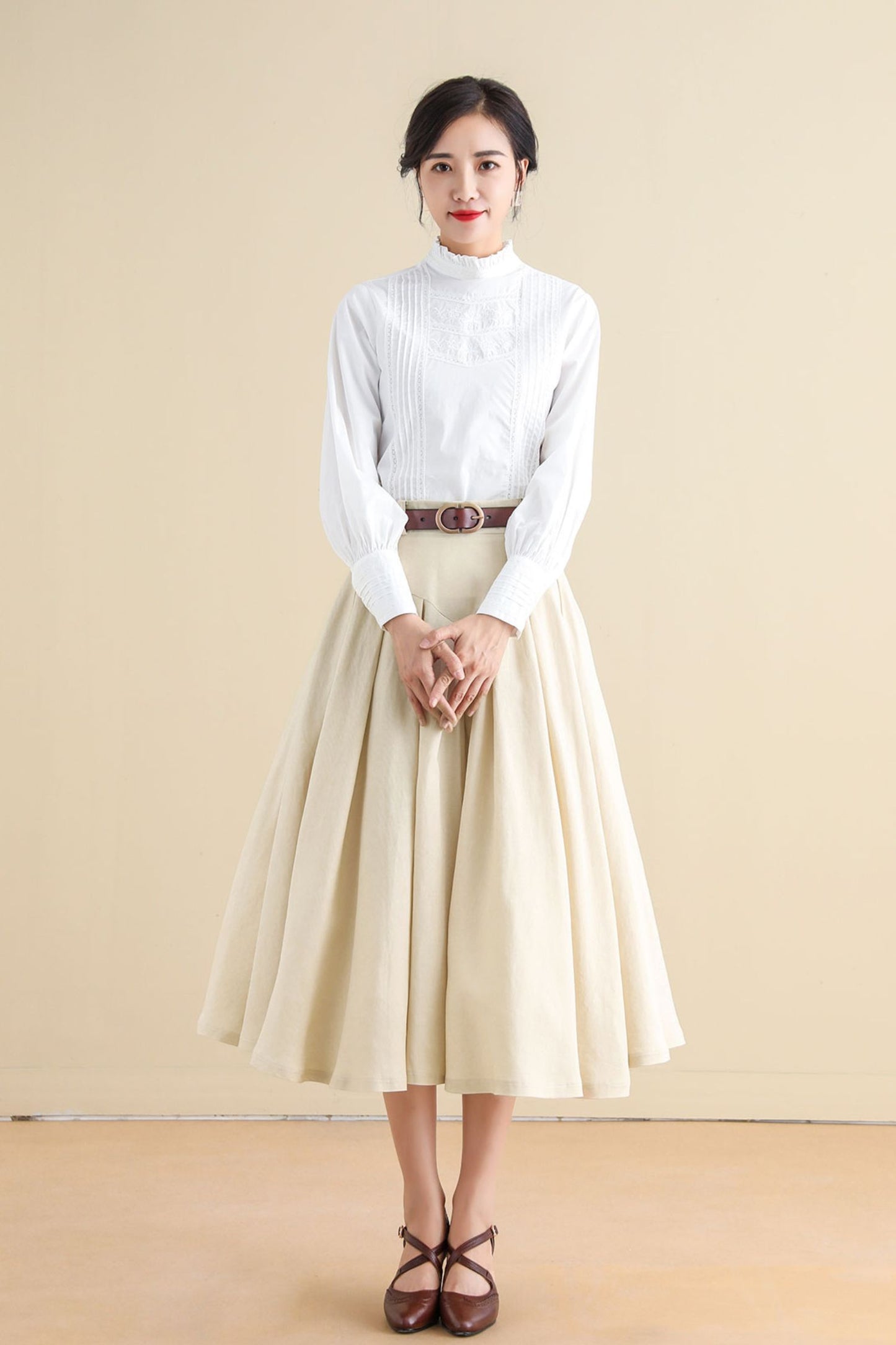 Women Beige Pleated Linen Midi Skirt 2797